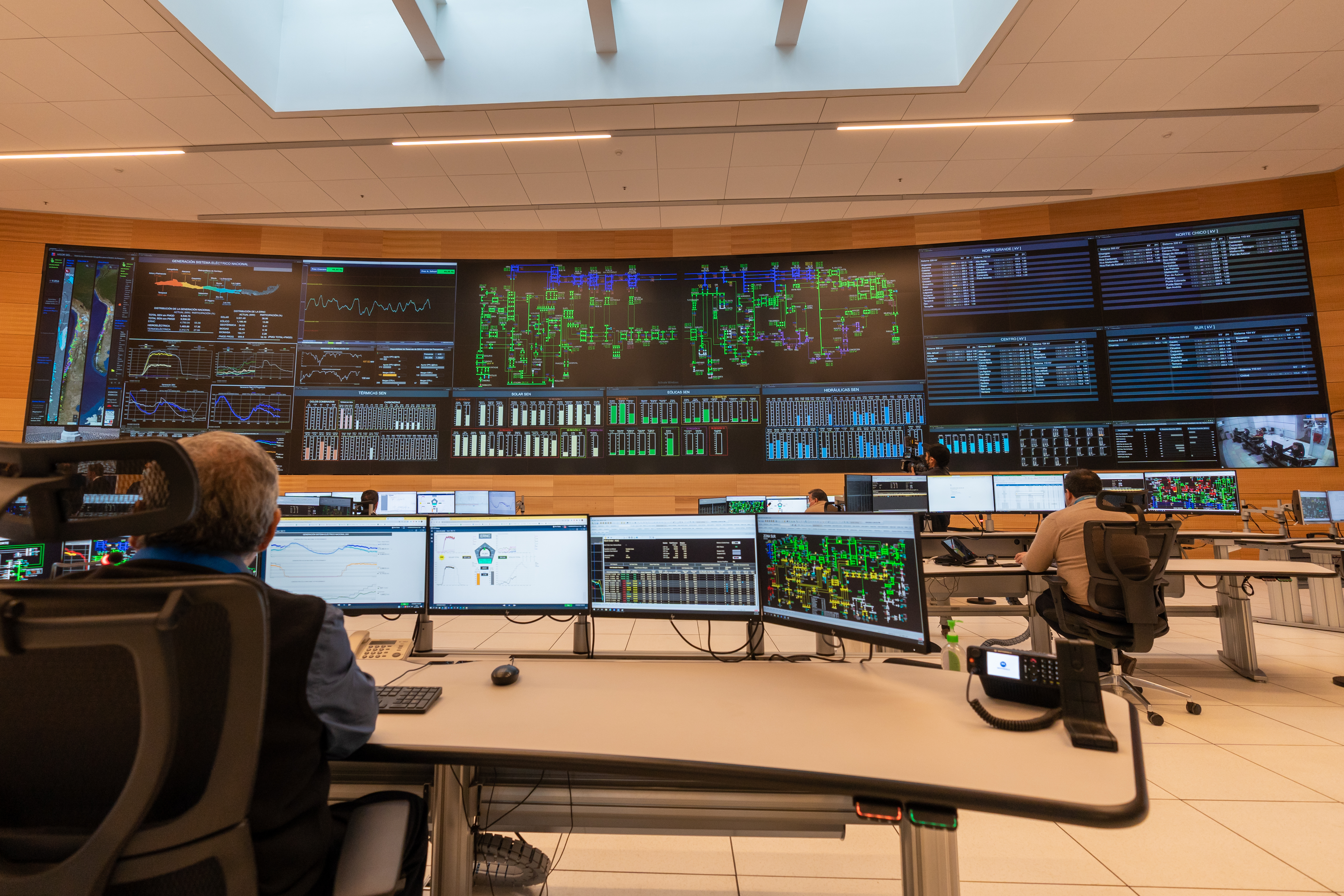 Utility grid control room with operators and large wall displays